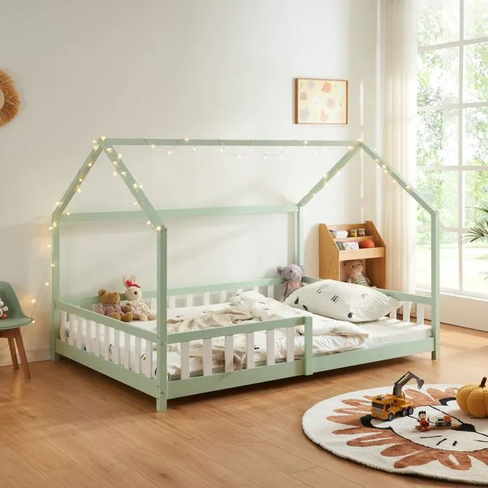 Lit cabane Hesel pour enfants bois de pin 120 x 200 cm vert menthe en.casa