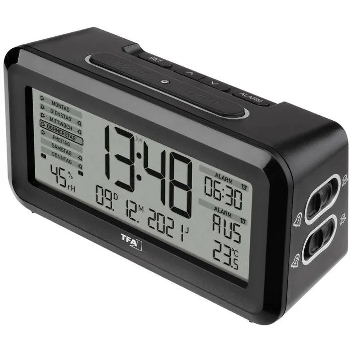 Réveil radio piloté rechargeable BOXX2 60.2562.01 noir et argent, 2 alarmes programmables