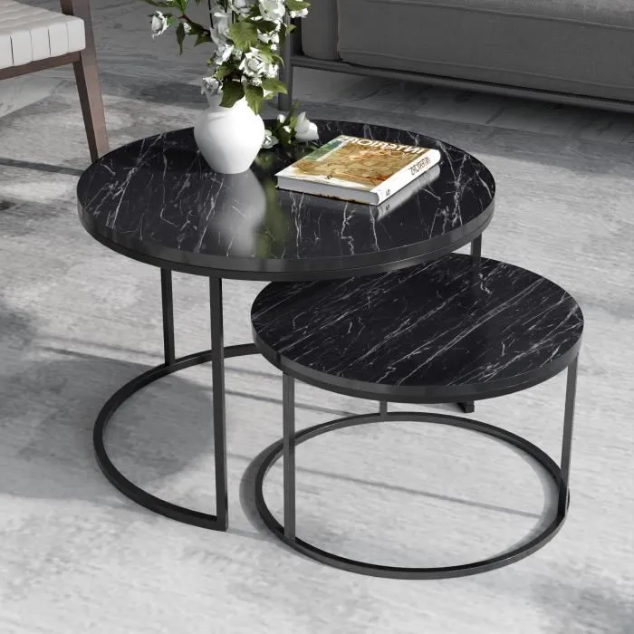 Set de 2 tables d'appoint Skagen rondes gigognes marbre noir en.casa