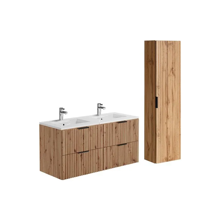 Meuble de salle de bain suspendu strié avec vasque à encastrer et colonne - Naturel clair - 120 cm - ZEVARA