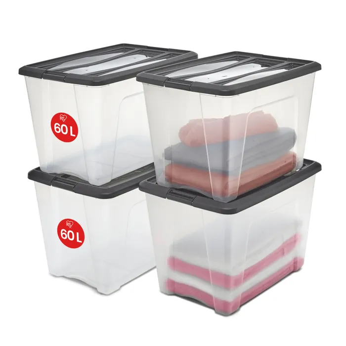 Iris Ohyama, Boites de Rangement Plastique avec Couvercle, 60L, Lot de 4, Noir, NTB-60