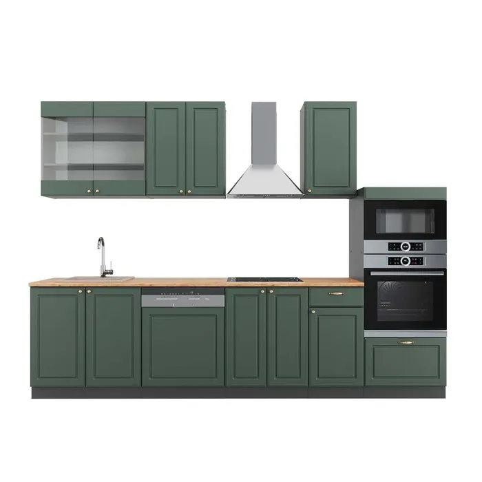 Vicco Cuisine Vert et or campagne/anthracite 300cm avec armoire haute, PT Chêne