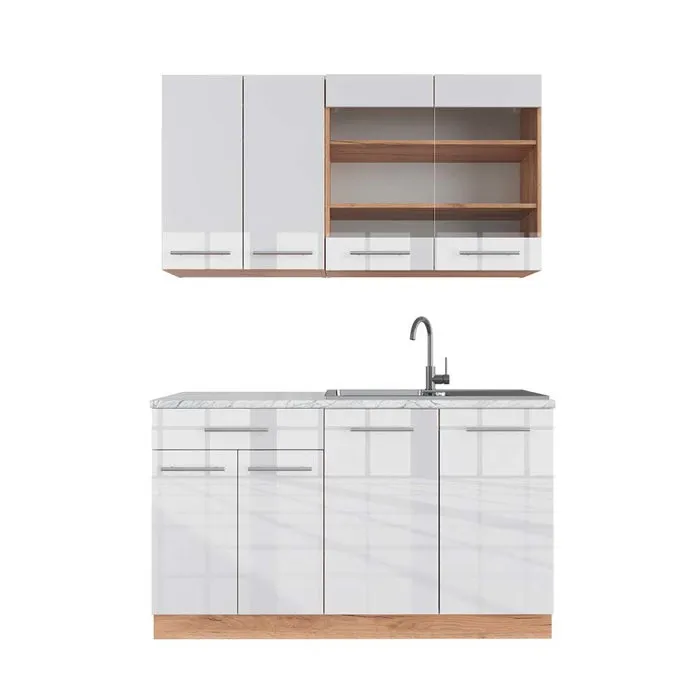 Vicco Cuisine Blanc brillant/Chêne doré 140cm, PT Marbre