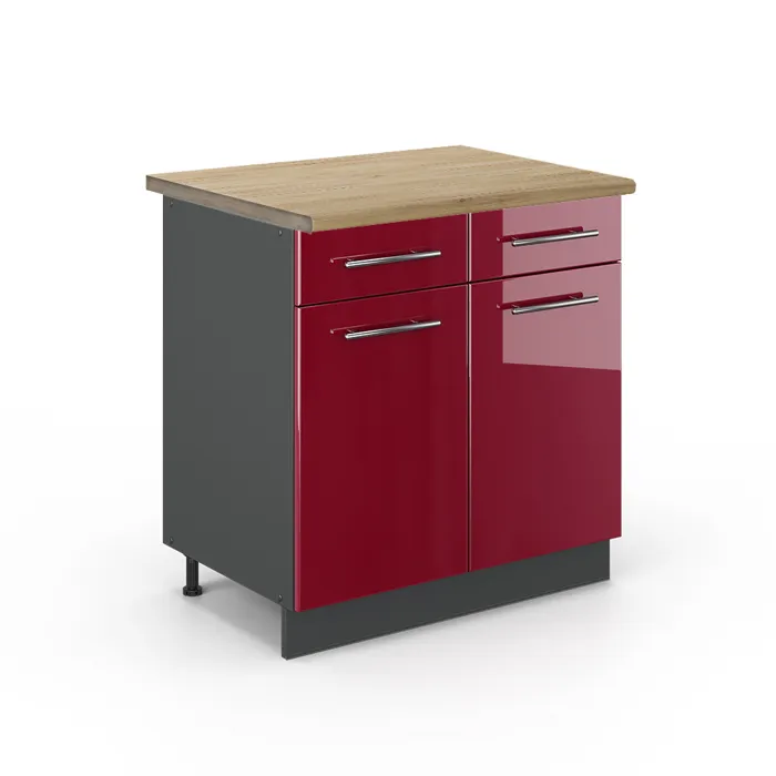 Vicco Meuble cuisine Rouge bordeaux Haute brillance/Anthracite 80cm plan de travail Chêne doré