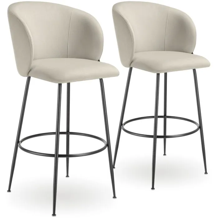 Lot 2 Tabourets De Bar Rembourrés Avec Dossier Aspect Velours Crème