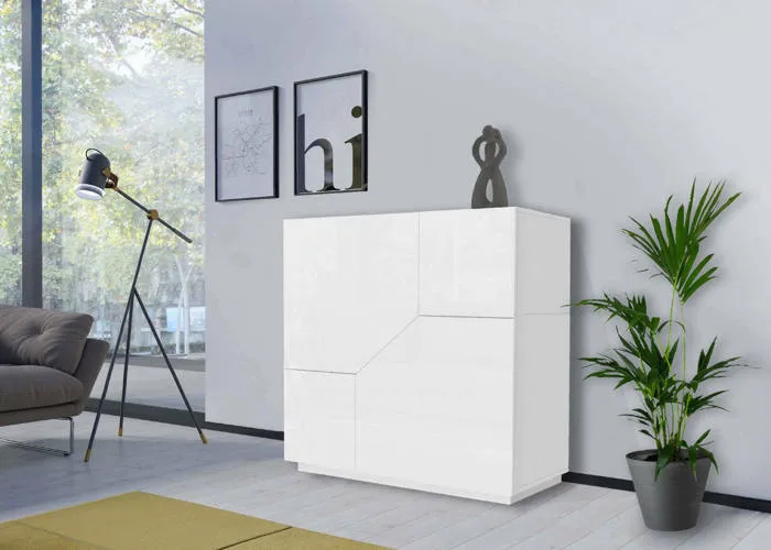 Buffet Dceesa, Buffet de cuisine avec 2 portes géométriques, Buffet de salon, Buffet de cuisine, 79x43h86 cm, Blanc brillant