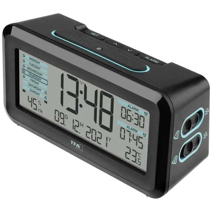 Réveil radio piloté TFA Dostmann 60.2562.01.GB noir bleu clair, batterie rechargeable micro-USB