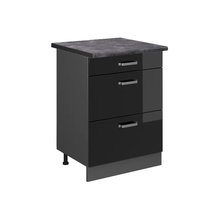 Vicco Meuble cuisine Noir Haute brillance/Anthracite 60cm avec tiroirs plan de travail Anthracite