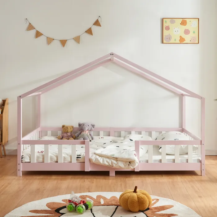 Lit d'enfant en forme de maison Treviolo 120 x 200 cm bois de pin rose / blanc en.casa