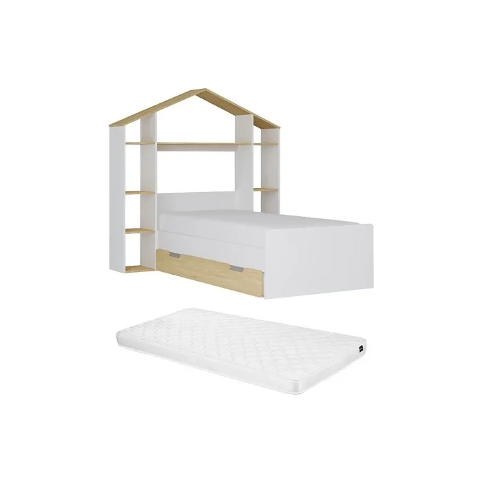 Lit cabane 90 x 190 cm - Coloris: Blanc et naturel + Matelas - JERACO