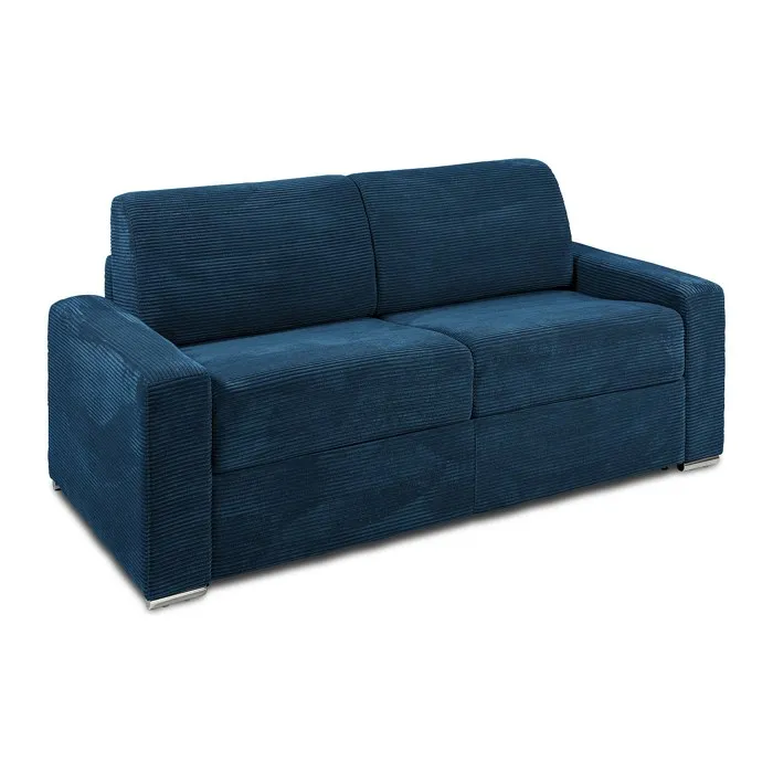 Canapé 3 places convertible express en velours côtelé bleu - Couchage 140 cm - Matelas 22 cm avec mémoire de forme - CALITO