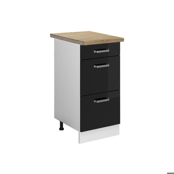 Vicco Meuble cuisine Noir Haute brillance/Blanc 40cm avec tiroirs plan de travail Chêne doré
