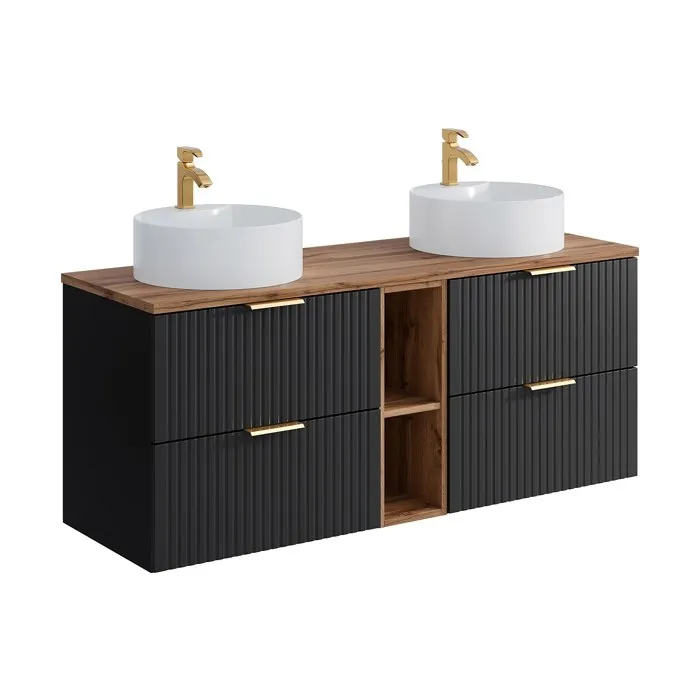 Meuble de salle de bain suspendu strié avec niches et double vasque à poser ronde - Noir et naturel clair - L140 cm - ZEVARA