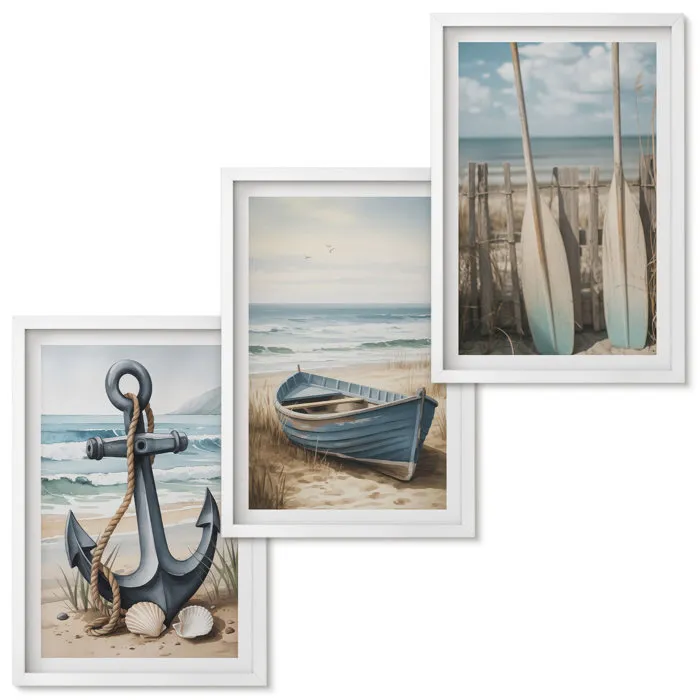 Set de 3 Tableaux Encadres Blanc Tulup 40x60 cm Galerie Murale Ancre bateau rames plage