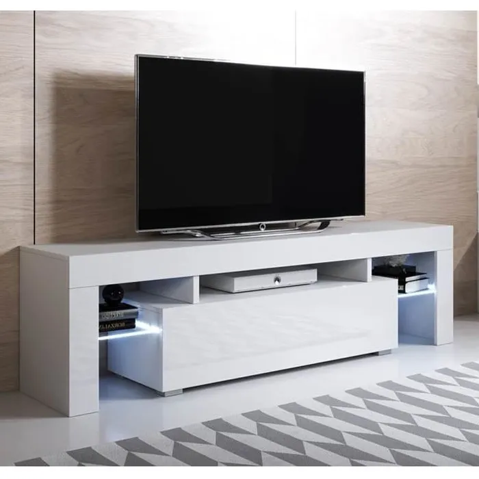 Muebles Bonitos - Meuble Tv 2 Tiroirs Meuble Tv De Salon Avec Led 160x45x35cm Modèle Unai Blanc Finition Brillante