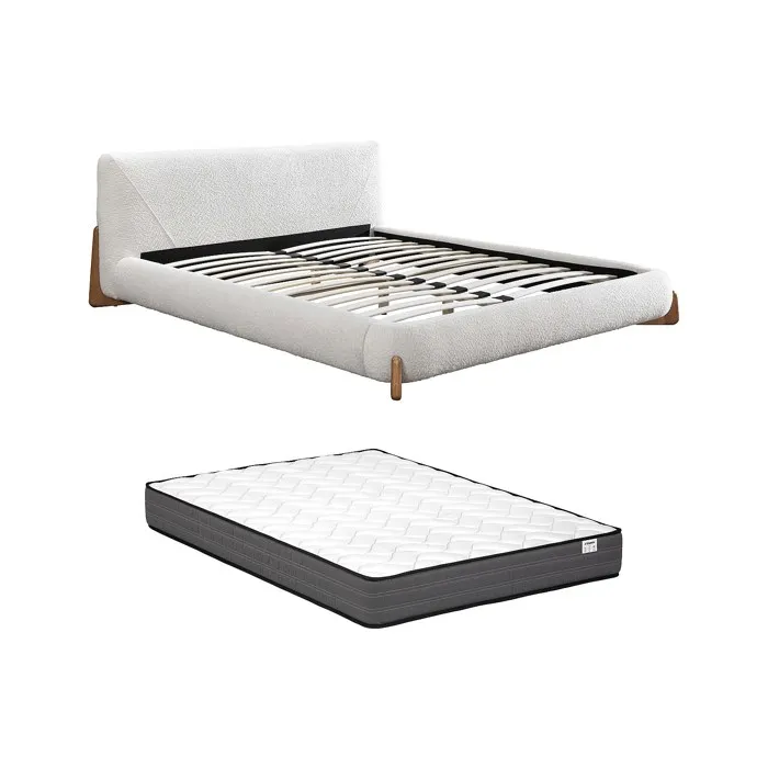 Lit 160 x 200 cm - Tissu bouclette - Blanc et naturel + Matelas - GAMURA
