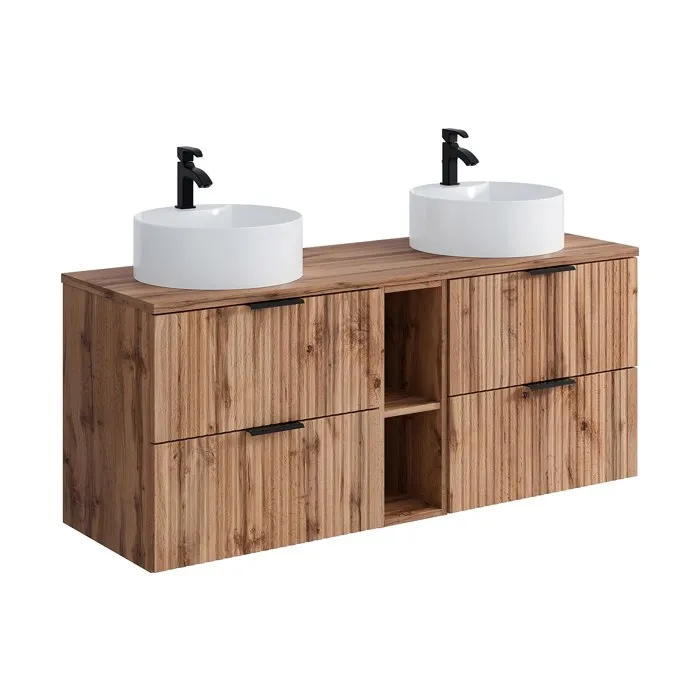 Meuble de salle de bain suspendu strié avec niches et double vasque à poser ronde - Naturel clair - L140 cm - ZEVARA