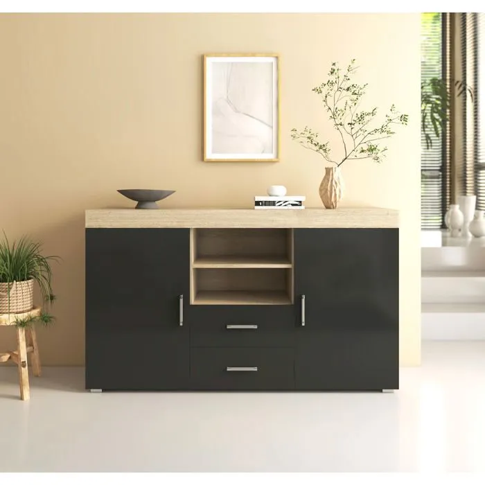 Buffet De Salon Bas 2 Portes 2 Tiroirs 140x80x40cm Meuble De Rangement Modèle Roque Couleur Sonoma Mat Et Noir Finition Brillante