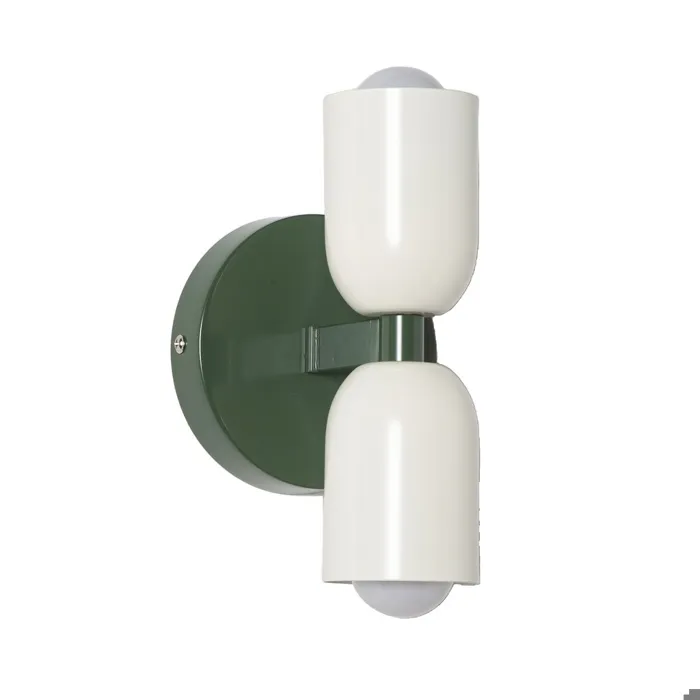 Applique murale double éclairage E27 avec base verte, abat-jour crème, design moderne vertical, lumière vers le haut et le bas