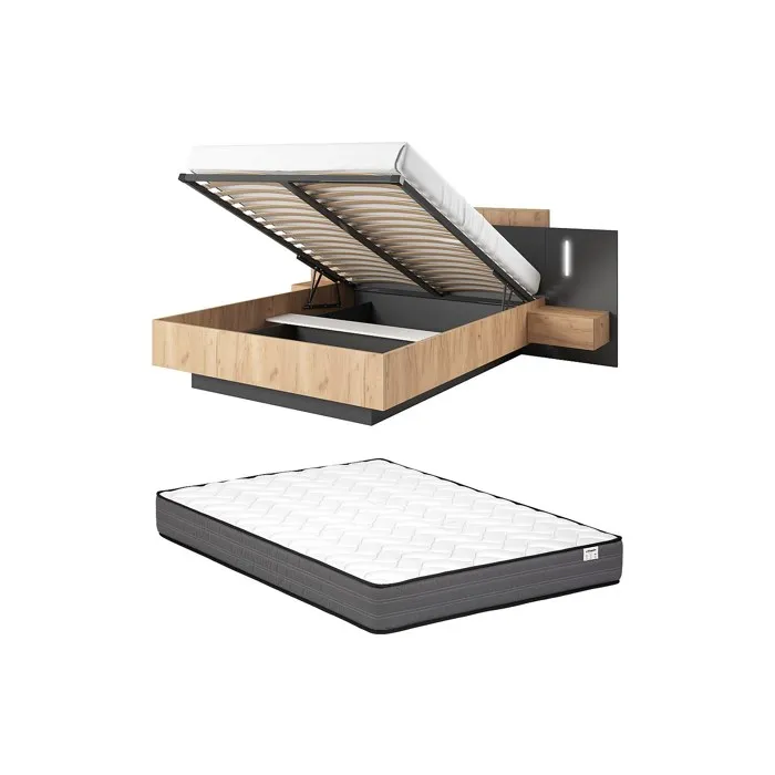 Lit coffre avec chevets 140 x 190 cm - 2 tiroirs - Avec LEDs - Coloris: Naturel et anthracite + Matelas Confort - FRANCOLI