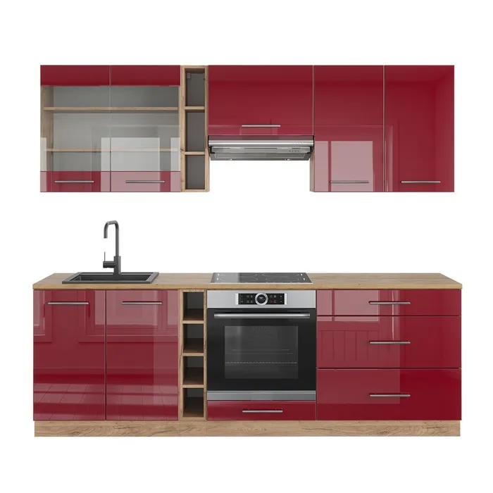 Vicco Cuisine Bordeaux brillant/Chêne doré 235cm, PT Chêne