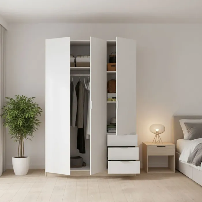 Armoire 3 Portes Effet Bois Beige, Blanc 121x52 Cm