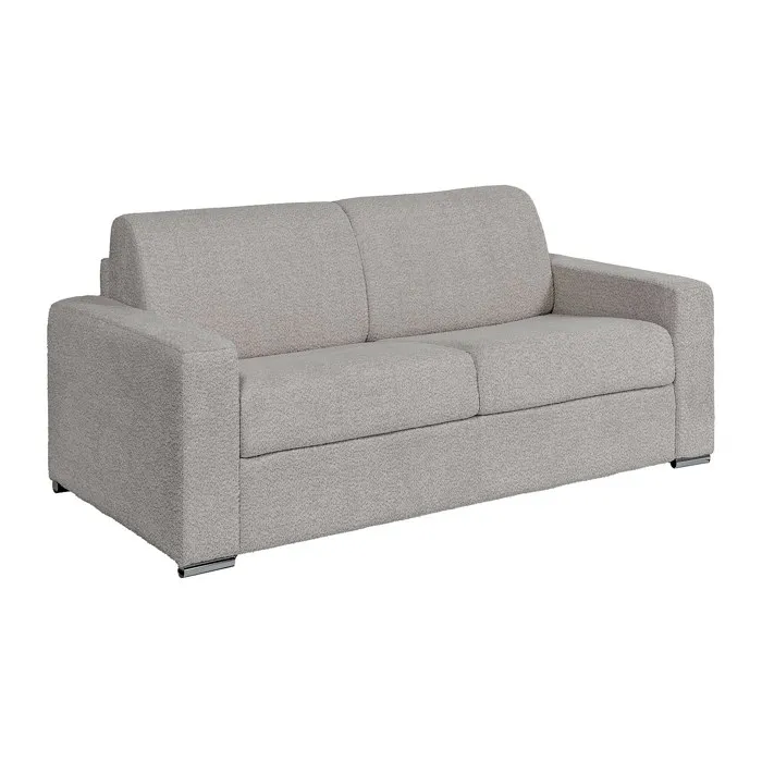 Canapé 3 places convertible express en tissu bouclette gris clair - Couchage lattes larges 140 cm - Matelas 22 cm avec mémoire de