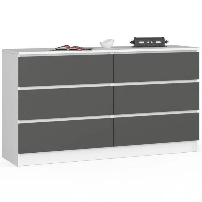 Commode Akord K140 Blanche 138 Cm 6 Tiroirs Façade Gris Graphite 138x40x77 Cm