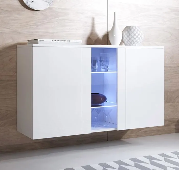 Buffet De Salon Bas 3 Portes 2 Étagères Vitrine Avec Led 120x70x40cm Meuble Suspendu Modèle Luke A1 Couleur Blanc Finition Brillante