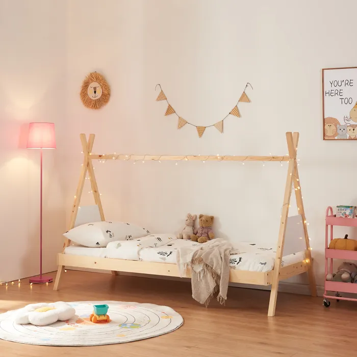 Lit tipi pour enfant Siikajoki bois de pin 90 x 200 cm naturel blanc en.casa