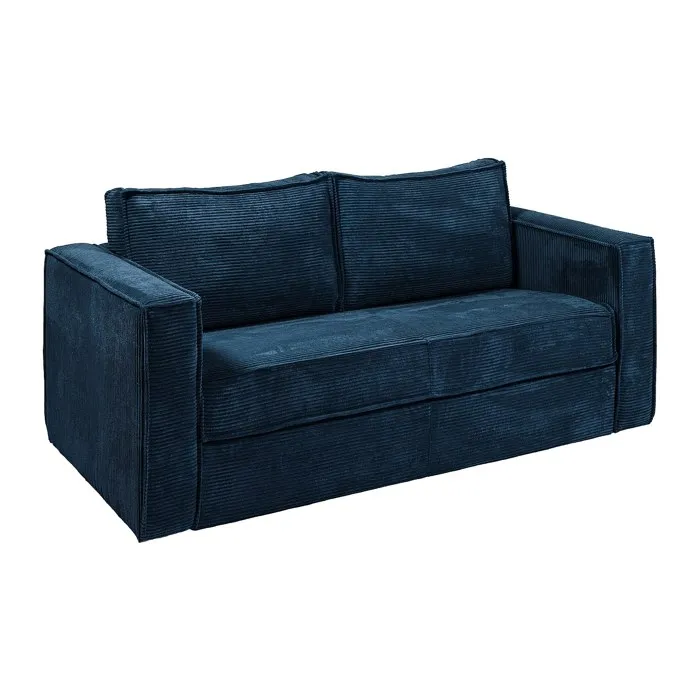 Canapé 3 places convertible express en velours côtelé bleu nuit - Couchage à lattes larges 140 cm - Matelas 22 cm avec mémoire de