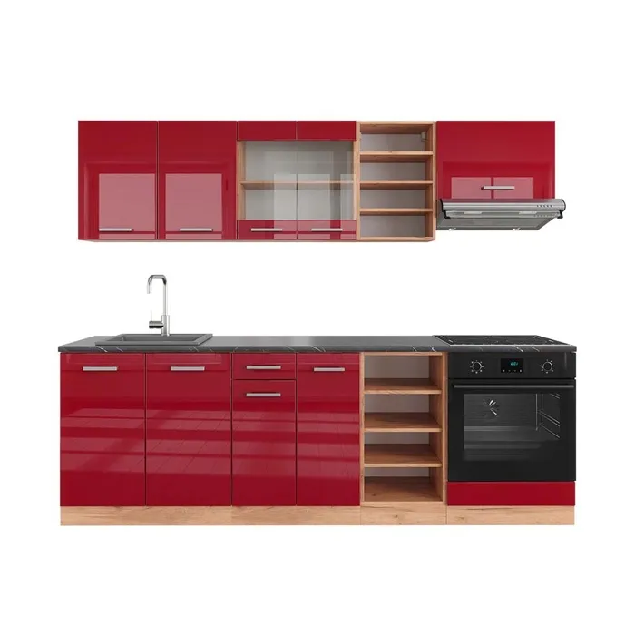 Vicco Cuisine Rouge brillant/Chêne doré 240cm, PT Anthracite