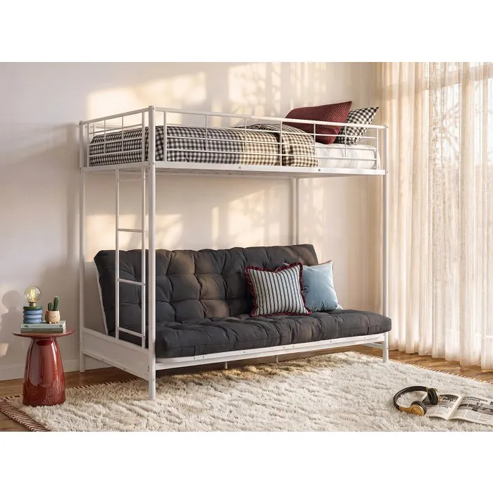 Lit mezzanine 90 x 190 cm - Avec banquette convertible - Métal - Blanc + Futon noir - MODULO V