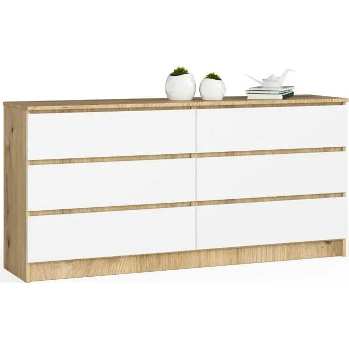 Grande Commode Pour Le Salon Akord K160 Chêne Artisan 160 Cm 6 Tiroirs Façade Blanche 160x40x77 Cm