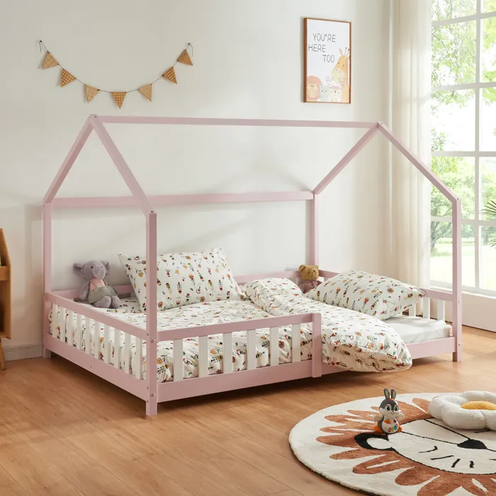 Lit cabane Hesel pour enfants bois de pin 120 x 200 cm rose en.casa
