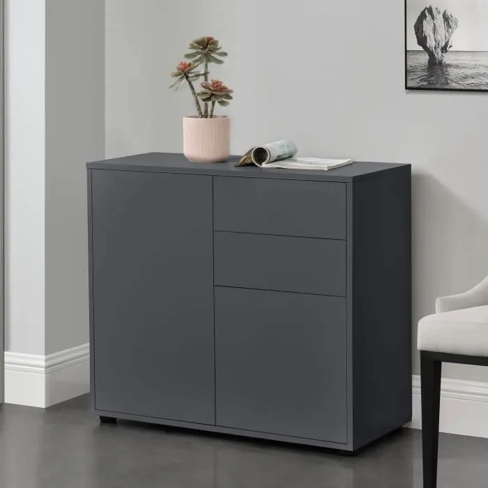 Commode Avec 2 Tiroirs 2 Portes Paarl 74 X 79 X 36 Cm Gris Foncé Mat