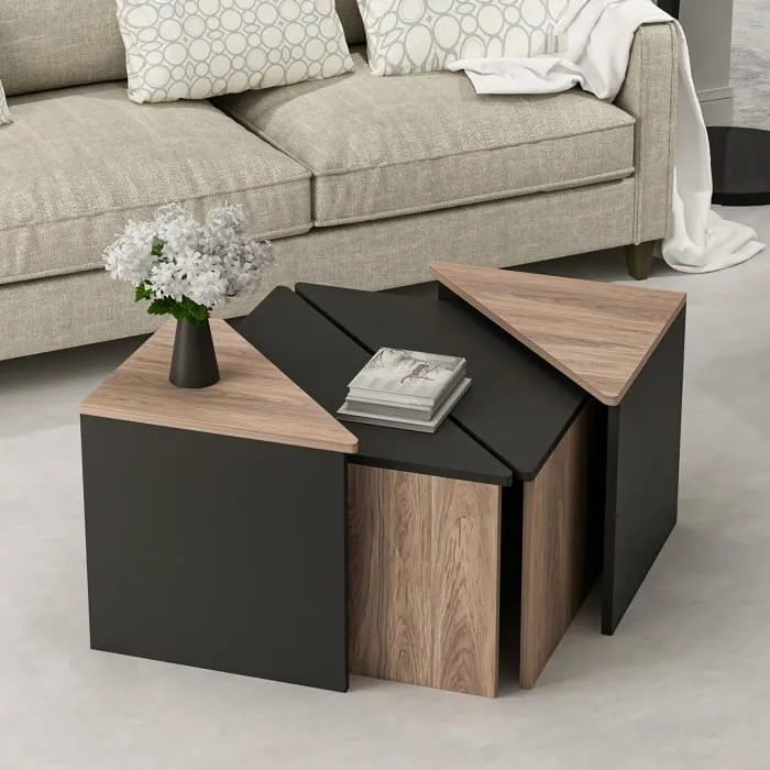 Set de 4 tables basses Frederikshavn carrées gigognes effet chêne anthracite en.casa