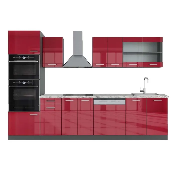 Vicco Cuisine Rouge brillant/Anthracite 300cm avec armoire haute, PT Marbre