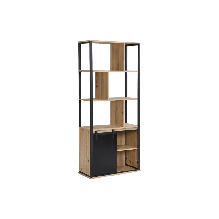 Bibliothèque avec rangements et 1 porte coulissante en MDF et acier - Naturel et Noir - YALENA