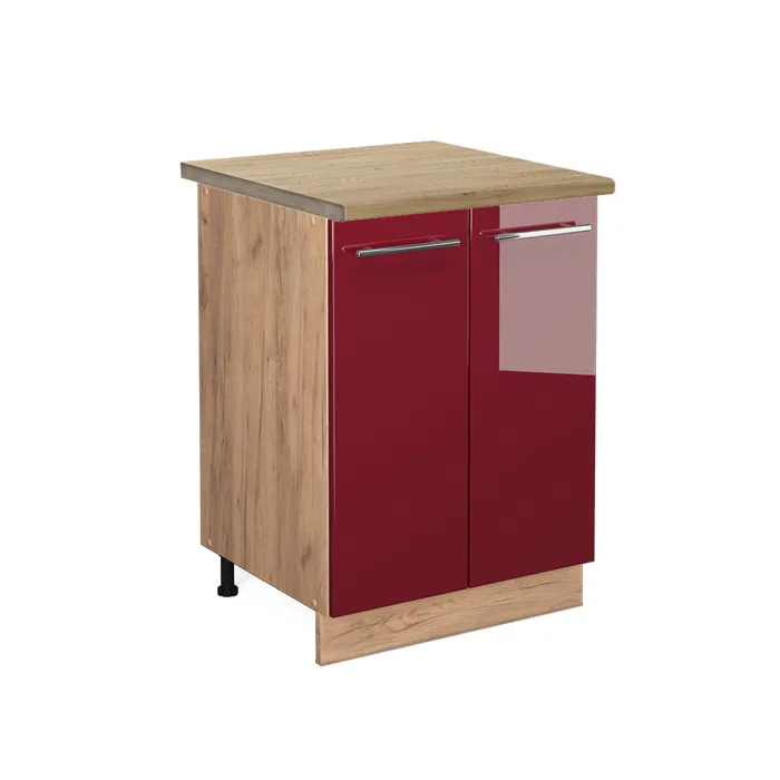 Vicco Meuble bas de cuisine Rouge bordeaux Haute brillance/Chêne doré 60cm plan de travail Chêne doré