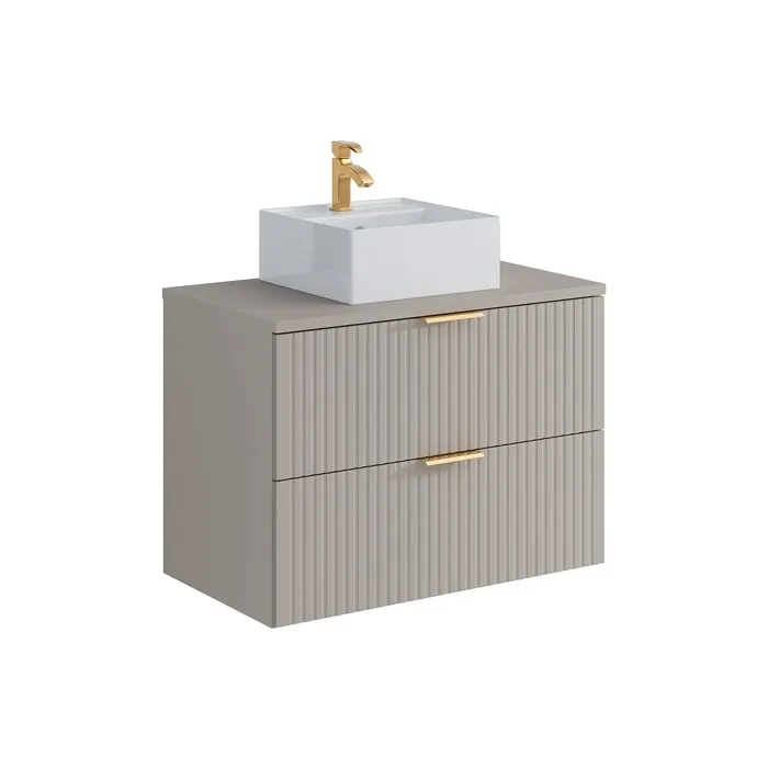Meuble de salle de bain suspendu strié avec vasque à poser carrée - Beige - 80 cm - ZEVARA