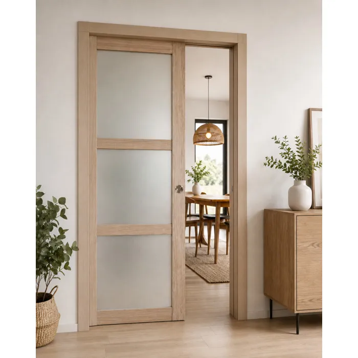 Porte Coulissante Bois Frake Vitrée H204 X L73 Cm, Galandage, Kit De Finition Gd Menuiseries