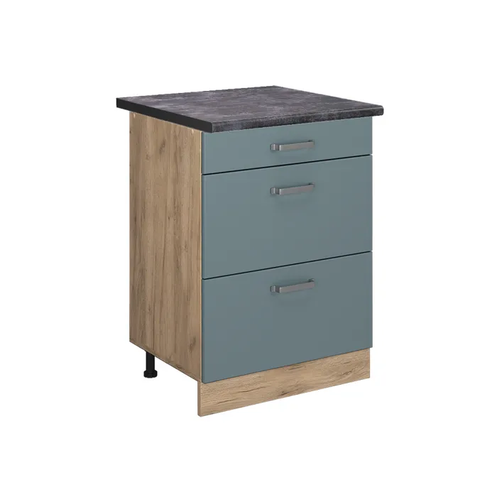 Vicco Meuble cuisine Bleu-gris/Chêne doré 60cm avec tiroirs plan de travail Anthracite