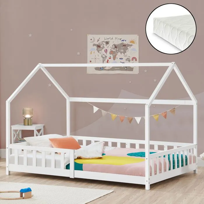 Lit cabane Hesel avec matelas à mousse froid 90 x 200 cm blanc en.casa