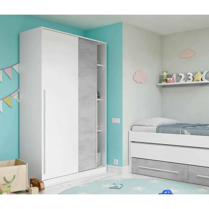 Armoire 2 Portes Effet Bois Ciment, Blanc 211x50 Cm