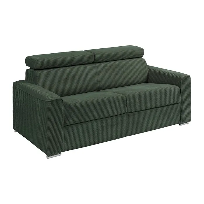 Canapé 3 places convertible express en velours côtelé vert avec assise mémoire de forme - Couchage à lattes larges 140 cm -