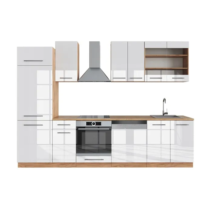 Vicco Cuisine Blanc brillant/Chêne doré 300cm, PT Chêne