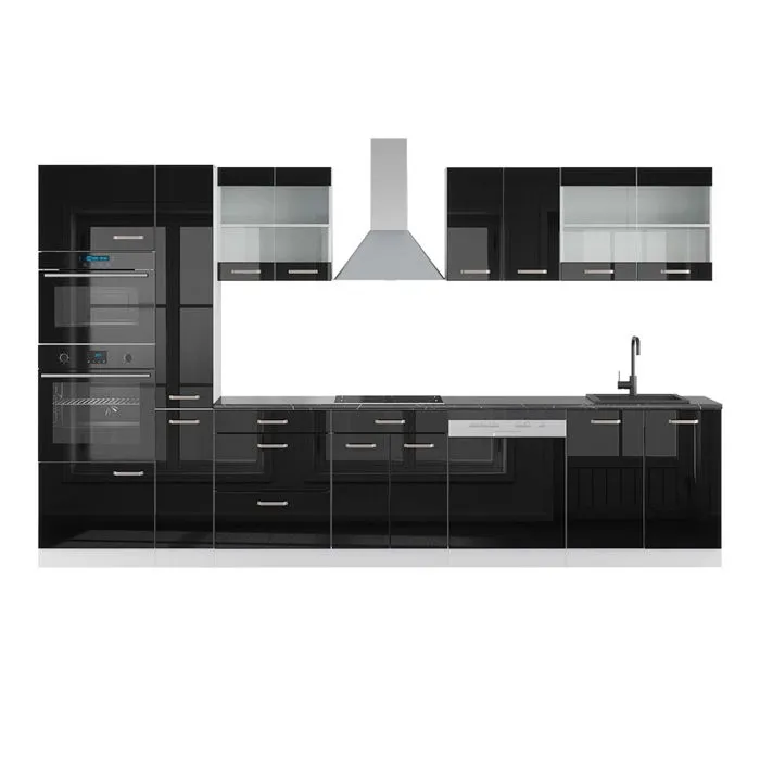 Vicco Cuisine Noir brillant/Blanc 350cm avec armoire haute, PT Anthracite