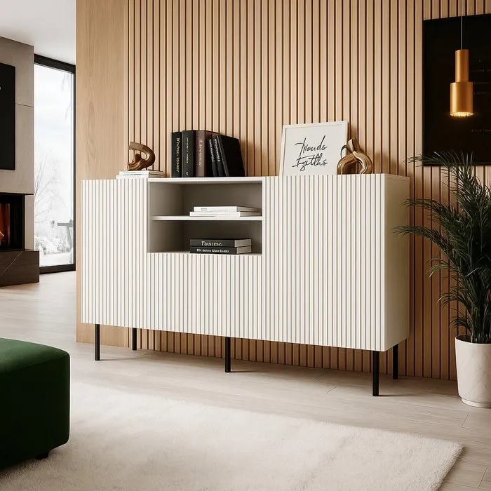 Buffet Malo, 4 Étagères 150x42x82h cm Blanc