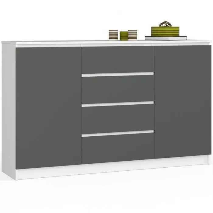Grande Commode Pour Le Salon Akord K160 Blanche 160 Cm 2 Portes 4 Tiroirs Façade Gris Graphite 4 Étagères 160x40x99 Cm
